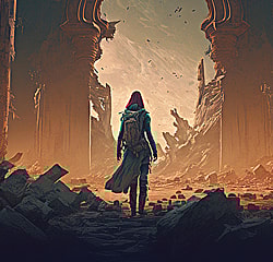 A person stands. They have a cloak on and a pack, seemingly with all their belongings. They look out toward a destroyed gate.