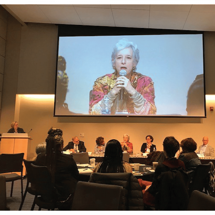 A speaker talks on a panel for the COSI learning institute.