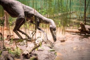 A dinosaur is seen drinking from a pond while a tortoise looks on.